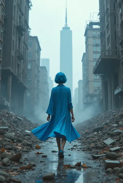 Ecena ,  shattered city , person: Woman with short blue hair , caminando por parte de atrás con ropa azul celeste que este por irse hacia la  shattered city  que se vea el cuerpo completo y la  shattered city  lejos