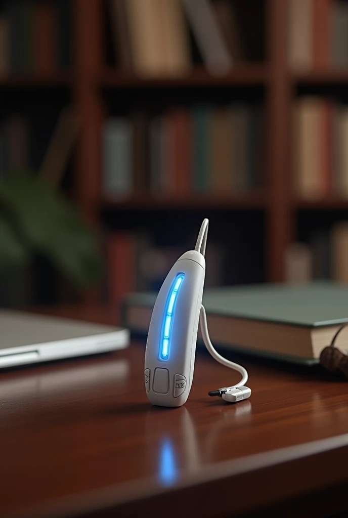 Hearing aid on a library desk with blinking blue light and next volume adjustment icon 