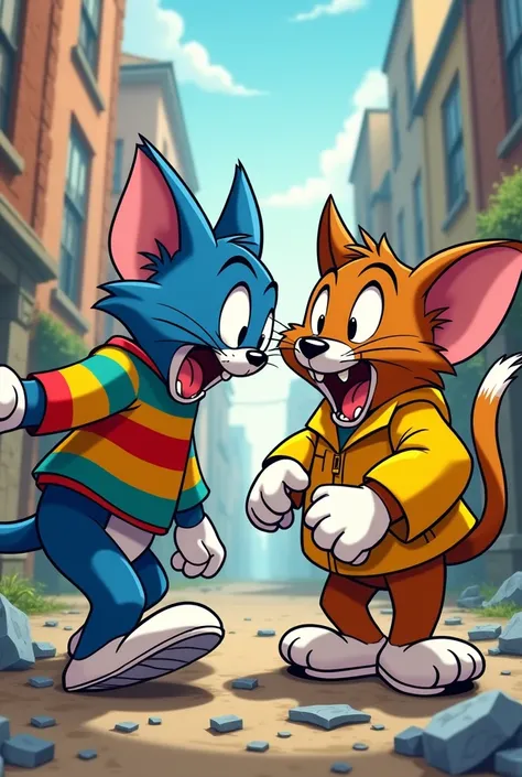 A cartoon about an anthropomorphic blue cat that wears a colored jacket with horizontal stripes, a yellow jacket, and a dog walks with brown that wears a yellow jacket and white gloves, the two are rivals. E vai no estilo Tom e Jerry um desenho bastante vi...