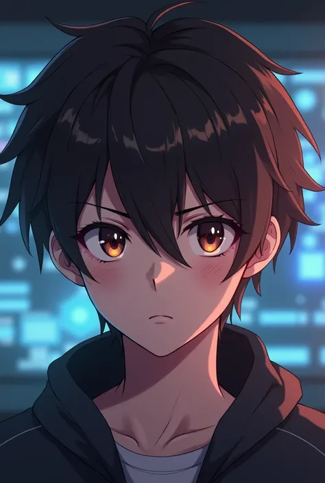 anime character, with short dark brown hair, Gamer-like dark brown eyes for mens YouTube channel Pulled Eye 