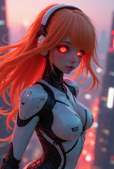 (sfw),  intricate details, 1 girl, Evening, ( bright neon colors ), (( flying over a futuristic cyberpunk city )),  Detailed background , (Little cyborg girl, (( Linda perfect face , bright and shiny red eyes)), ( perfect anatomy ,  small breasts and perky...