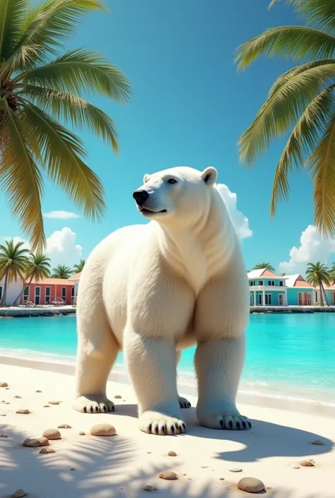 Photo realistic, best quality: a majestic polar bear standing on a sunny beach in Curaçao, surrounded by vibrant turquoise waters and white sandy shores. The bear is set against a backdrop of colorful Caribbean-style buildings and lush palm trees. The scen...