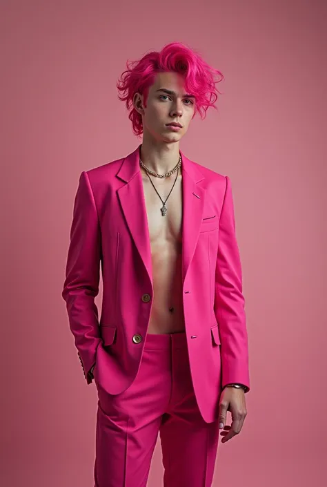  style a 20-year-old ,  with vibrant pink hair that highlights his bold personality. He wears an elegant pink suit ,  that highlights his striking presence .  His style is modern and confident ,  reflecting a youthful and dynamic personality .  Hes showing...