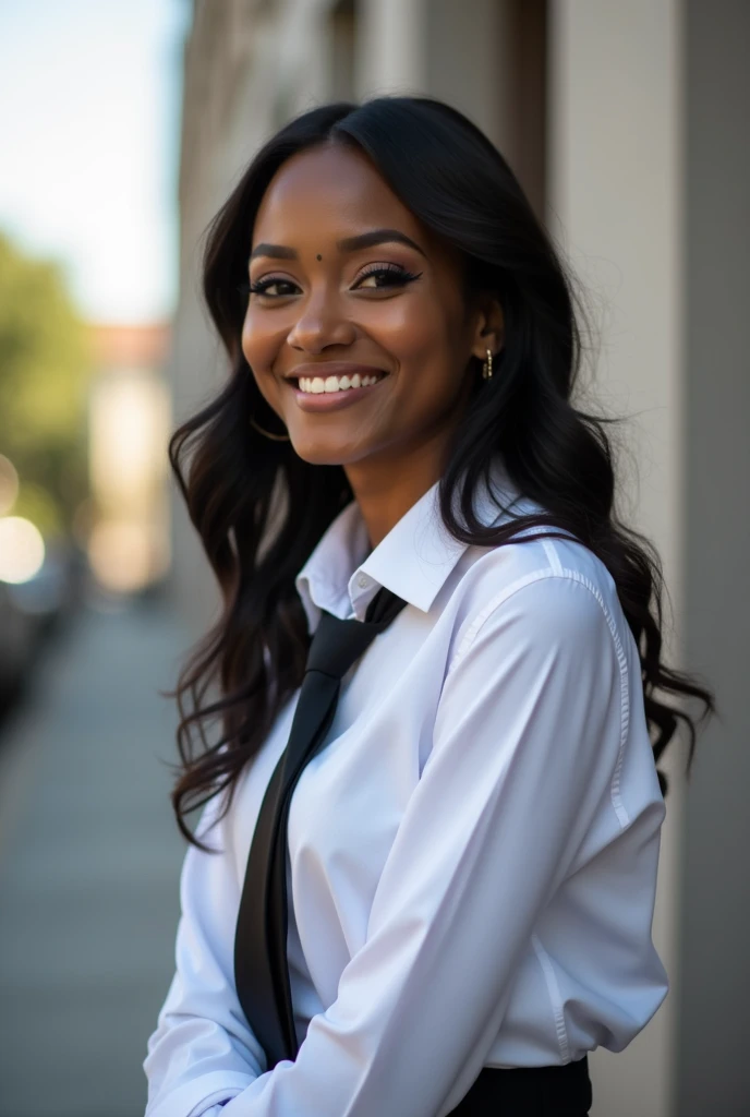 smiling woman in black and white dress shirt and tie standing in front of a building, a picture inspired by Chinwe Chukwuogo-Roy, instagram, happening, student, laura zalenga, pose 1 of 1 6, in style of nadine ijewere, in the background, marvelous expressi...