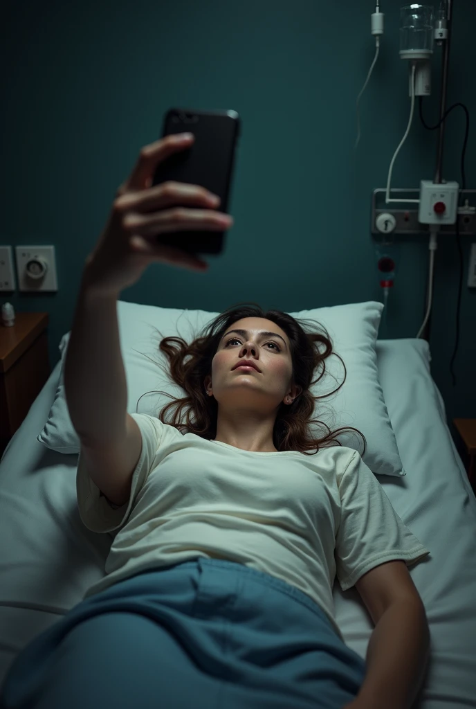 A real lady take a selfie laying on hospital bed with drip in hand, hospital background, scattered hair, dark background, selfie