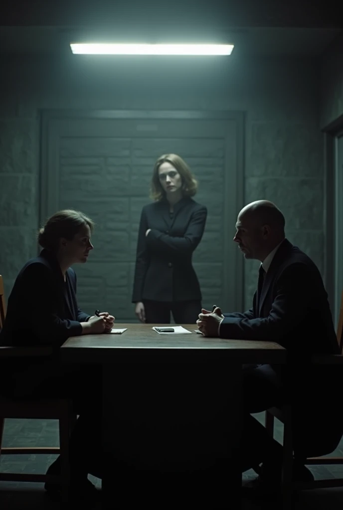 A tense and atmospheric scene set in a dark, minimalist interrogation room. The image focuses on Dr. Hannibal Lecter, sitting across from Clarice Starling. Clarice Starling stands in the background, slightly out of focus, her face serious but calm. The roo...