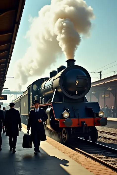 "A steam train departing from a station full of activity ,  with an elegant gentleman  (phileas fogg) and his assistant  (Passepartout)  coming up with luggage .  The sky is clear and there is an air of emotion in the scene."