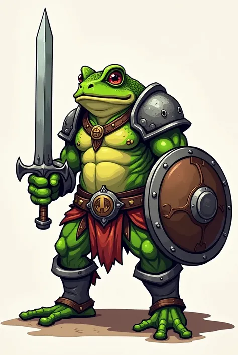 Create a logo of a toad man with a sword and shield in his hands and wearing battle armor 