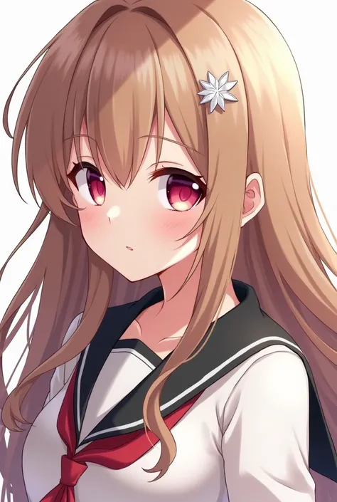 Make me the image of an anime-type girl with a serious expression ,  with long light brown hair with a white gemstone brooch in the shape of a star ,  dressed in a white school uniform with a little black and who has red and pink eyes