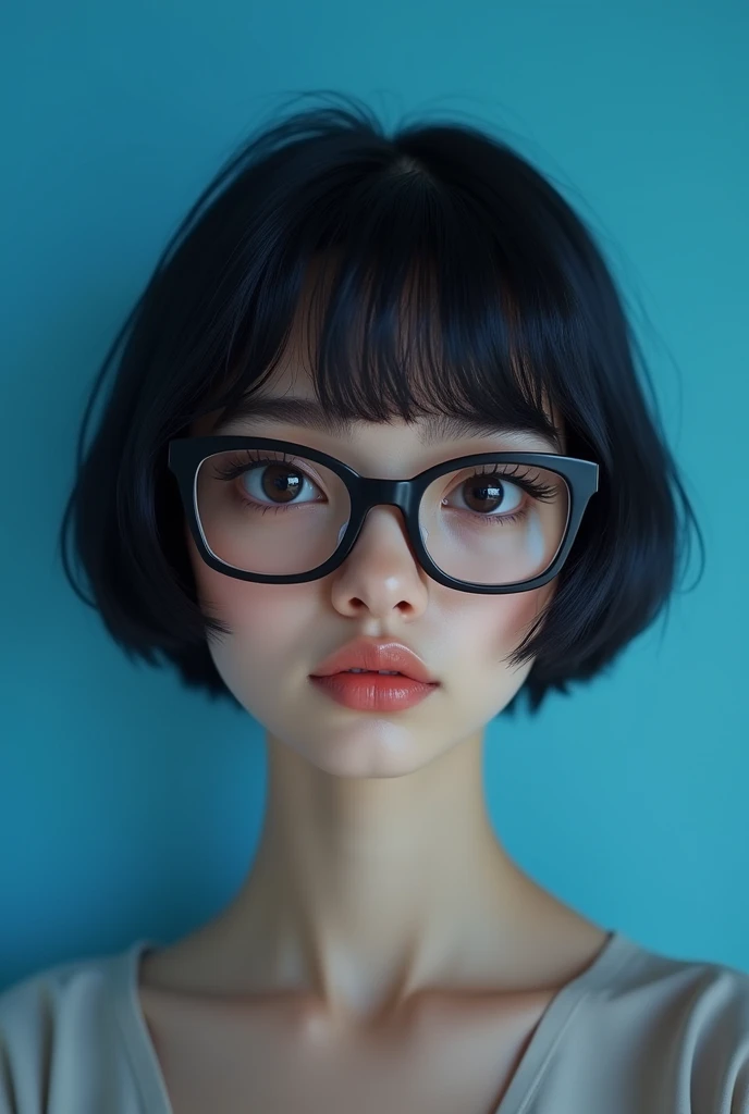 a brunette girl with short black hair with bangs, black eyes with square glasses, on a blue background.