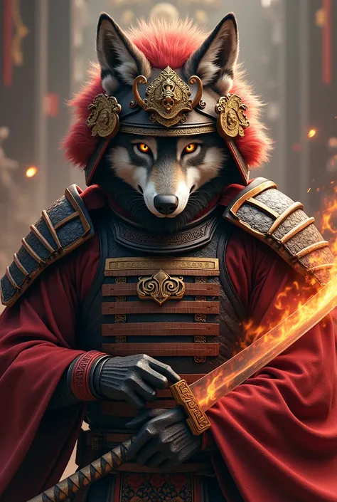 Loup en tenue de samouraï style shogun avec un casque somptueux. Le loup a une crinière gorgée du sang de ses ennemis. Dans sa main il a un katana flamboyant et sur son casque est écrit s2r