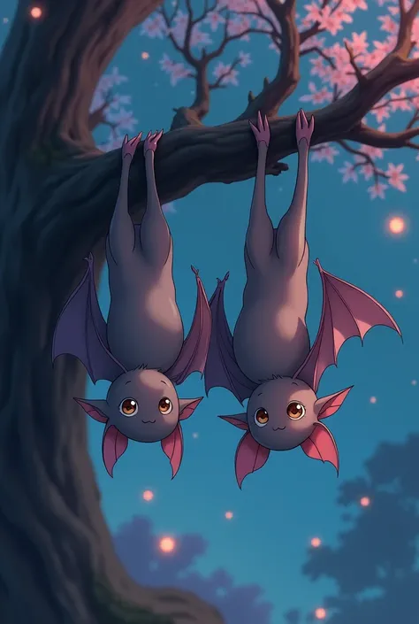 Two bats upside down on an anime-style tree