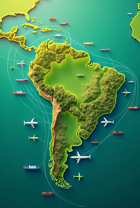 World map. with green background. Several lines connecting Brazil to the world. With ships and planes exporting products 