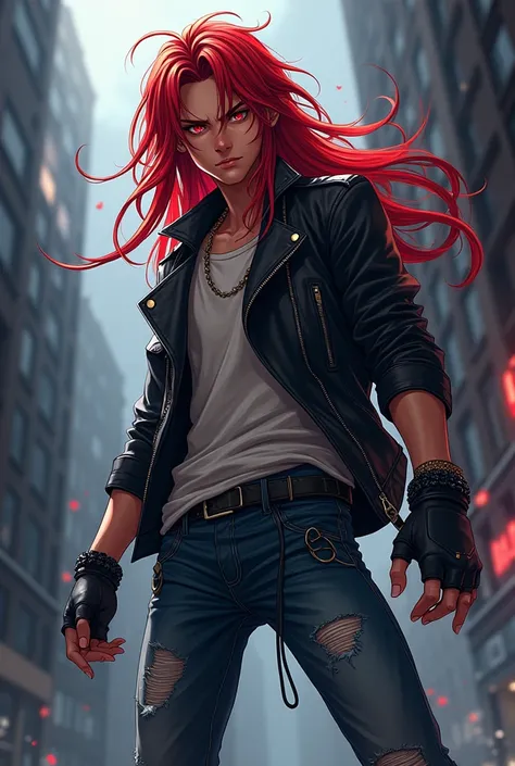 Create an anime image of a tall boy with long red hair wearing a rocker clothing style with fingerless gloves