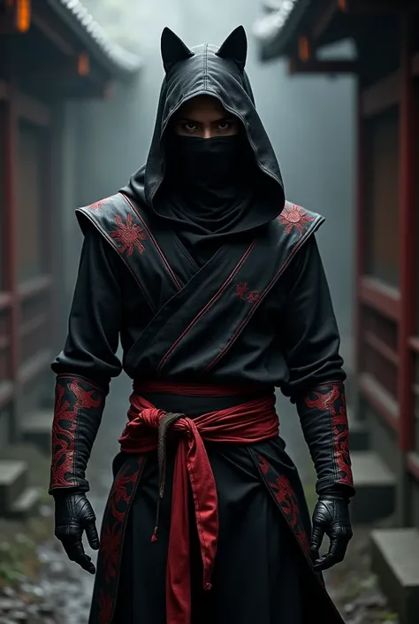  Create a ninja in a black suit with red details, that has a cat mask and a hood  