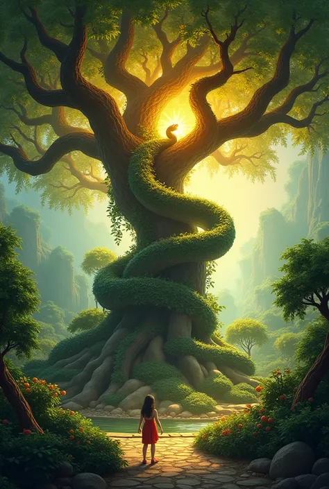 "A lush garden with a majestic Tree of Knowledge in the center, its fruit glowing temptingly. A serpent coils around a branch