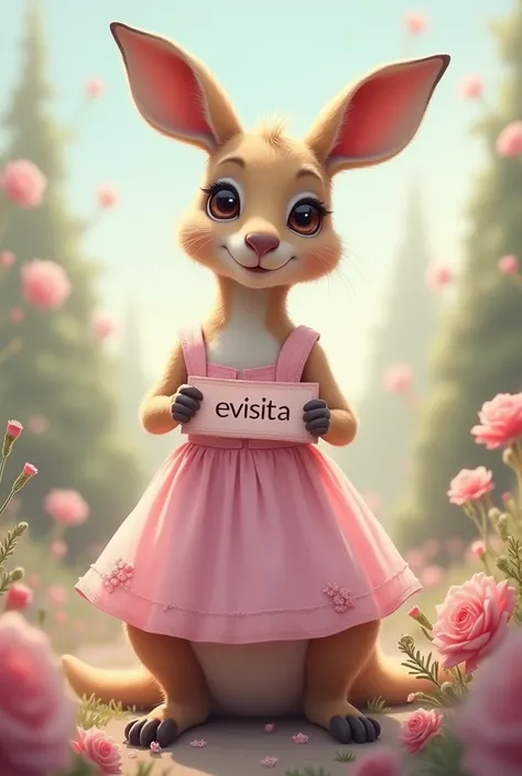  Beautiful kangaroo in pastel pink dress , with the Text "EVIZITA "  and showing it to the spectator