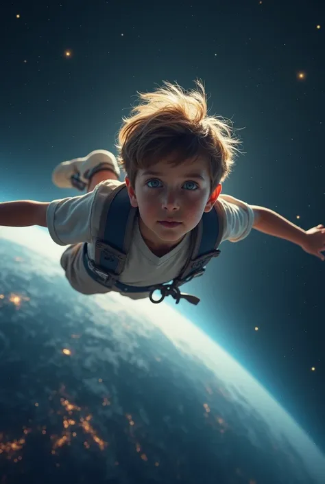 creat an image where  boy flying in space with surounding with beautiful stars and he looking to the earth