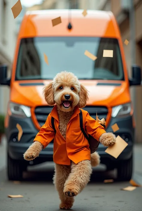 Realistic photo of a golden/australian doodle as a post man with an orange jacket on, in front of a marcedes sprinter. The back of the bus is orange, the front is white. The dog carries a schoulder bag full with letters. He throws them in the air. There ar...