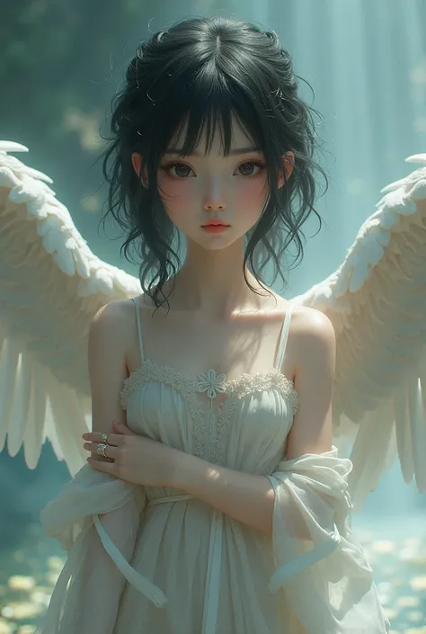  1 girl,  high definition ,  smaller breasts,  black hair, solo, ribbon,  Ring of Angels ,  best quality, 