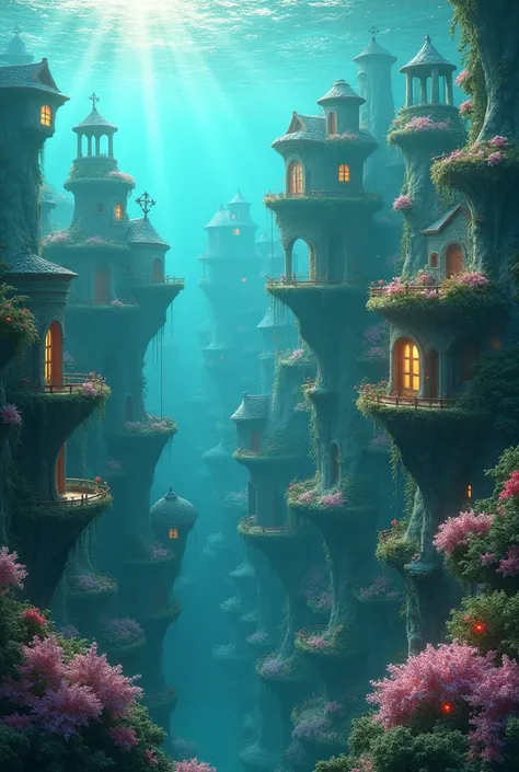 Color (Fantasy: 1.2), (Hayao Miyazaki style), (irregular building floating in the sea), patchwork cottages, flower decorations, lights, concept art inspired by Andreas Rocha, Artstation contest winner, Fantasy art, (underwater city), ross tran, light shaft...