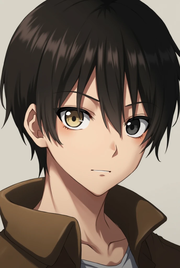 Shingeki no kioji , FE, short hair ( almost masculine cut ),  his hair is dark brown with light brown tips. has heterochromia:  one white pupil and the other black .  His expression is serious and his eyes are expressionless .  He has a light complexion .