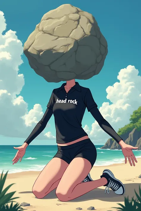 girl, anime,  boxer shorts color black, Long sleeve polo shirt in black with a text “head rock”, kneeling,  with a large rock that replaces his head , with arms outstretched,  long legs,  big thighs , Its not scary ,  anime style, white toe black shoes, Th...