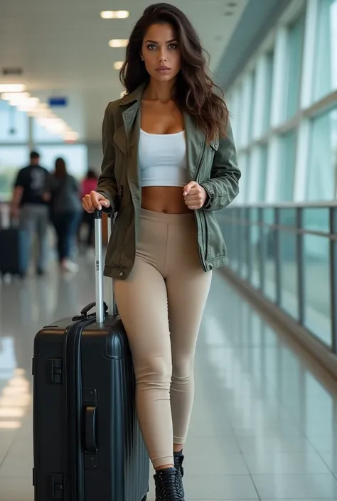  Dominican woman with Latina roots, blue eyes,  BROWN HAIR, very thick lips,  waiting at the airport with black suitcase,  leggings in beige, big booty , not so slim , More curves .  jacket and white top 