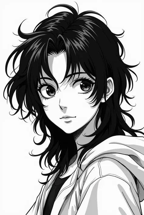 A Moroccan manga character in black and white: a teenager, a boy with long hair. 
