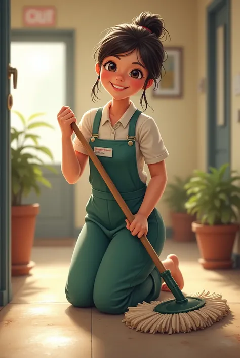  Please draw a cleaning lady, who scrubs the floors with a public toilet mop and smiles 