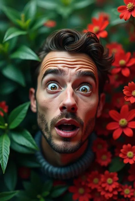 Impressed man with wide eyes and surprised .  staring blankly in front of the camera in a green environment mixed with red.