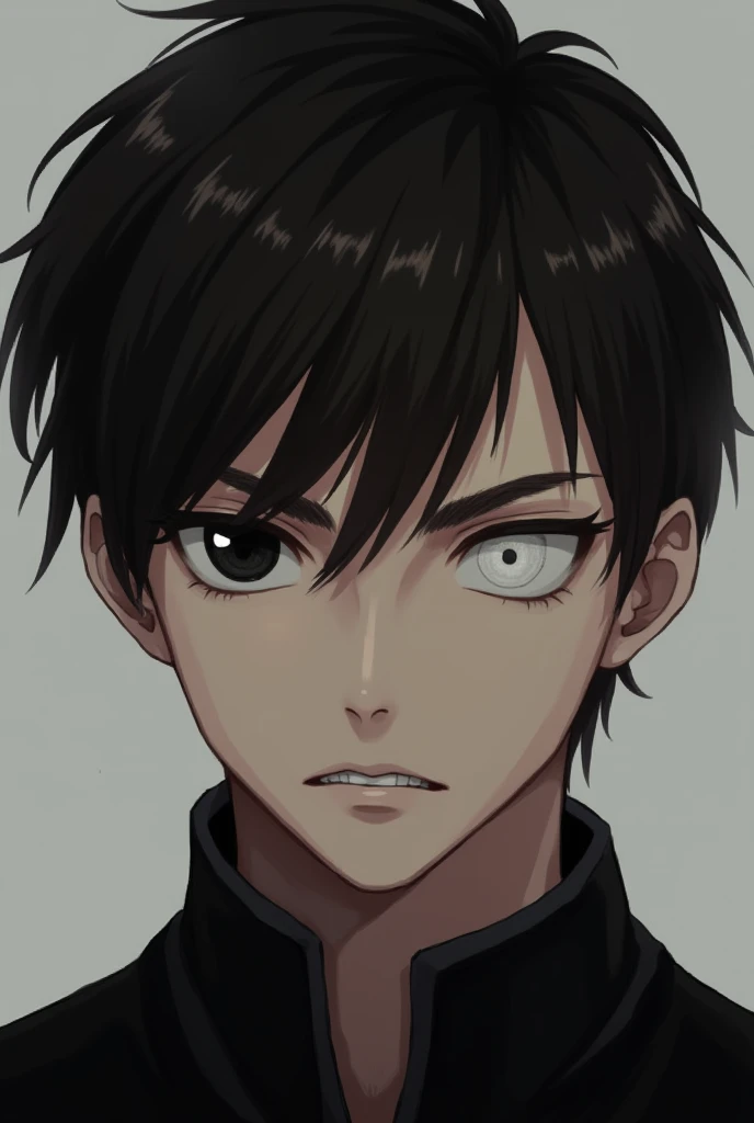 Shingeki no kioji , FE, short hair ( almost masculine cut ),  his hair is dark brown with light brown tips. has heterochromia:  one white pupil and the other black .  His expression is serious and his eyes are expressionless .  He has a light complexion . ...