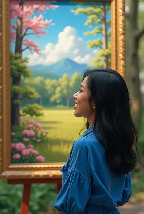 Beautiful image of the human perception of the reality that surrounds her, a beautiful young Latin woman dressed in blue with a beautiful smile and with black hair up to her shoulders, staring closely at a beautiful painting with a beautiful spring landsca...