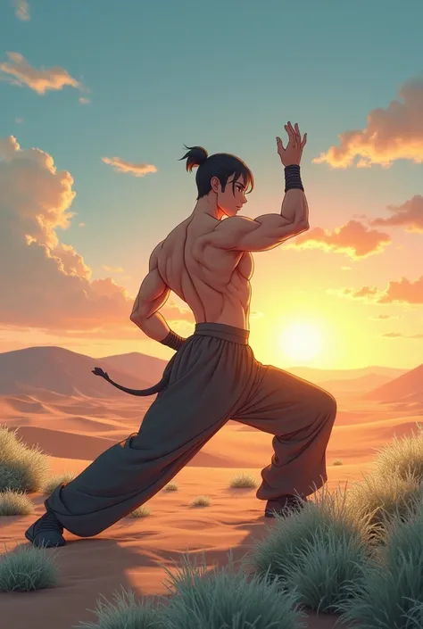 Imagine; frosty green grasses, wide range full shot, with a high coverage of the blue skies and sunset, on a sandy desert settings, in the desert a masculine male anime character making kung fu movement as he trains shirtlesly alone in the wide space . 