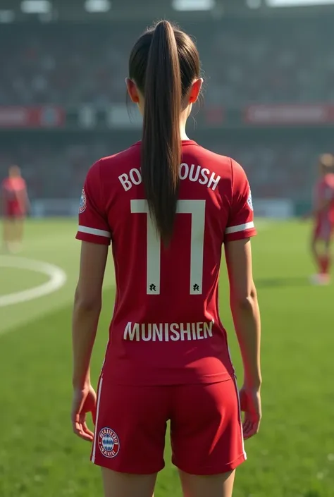  girl in a Real Bayern shirt and shorts from behind