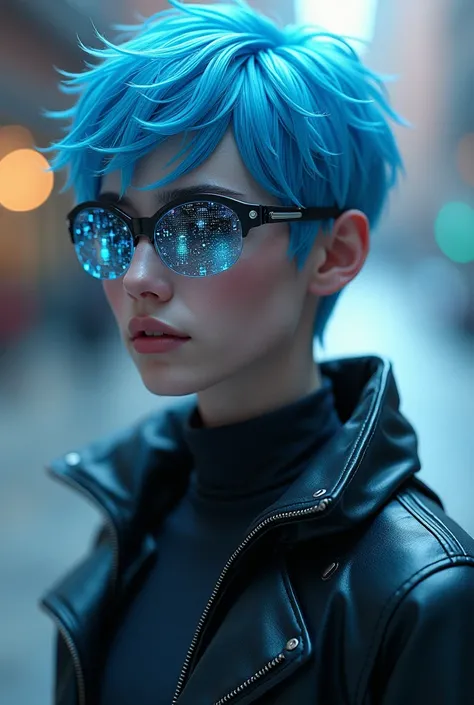  Zephyr has a modern and cybernetic appearance .  His hair is a shade of electric blue ,  and he wears glasses with a holographic visor ,  that constantly show flowing codes and digital images of different realities .  His costume consists of a leather jac...