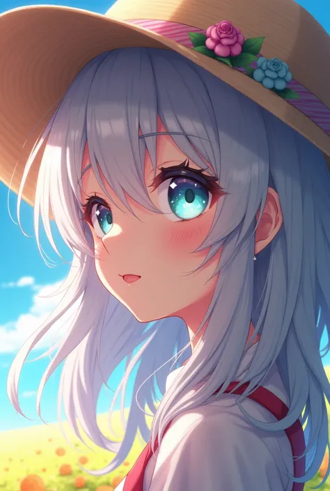   Close-up of an improved masterpiece:1.5)0.9], (Cherry Tree Field :1.2) (  long messy silver hair  :1.1) (heterochromia:  xanthochromia and blue eyes pink :1.2) ( summer hat with extra large brim:1.0) (  Colored stars in the eyes:1.0) (A radiant glow:1.1)...