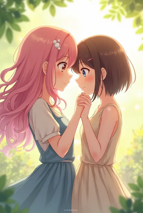 Pink long curly haired girl and Brown short haired girl from Project Sekai sesbian lex