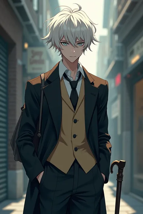 An intellectual young man ,  cold with white eyes and hair. Using a cane , And a retro suit  .  in anime style