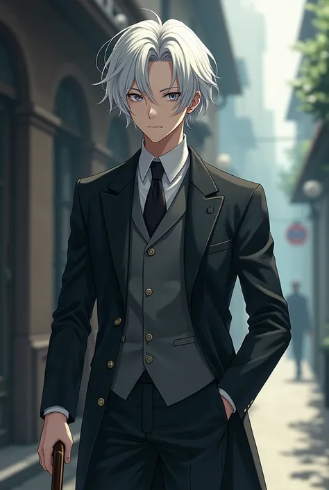 An intellectual young man ,  cold with white eyes and hair. Using a cane , And a retro suit  .  in anime style