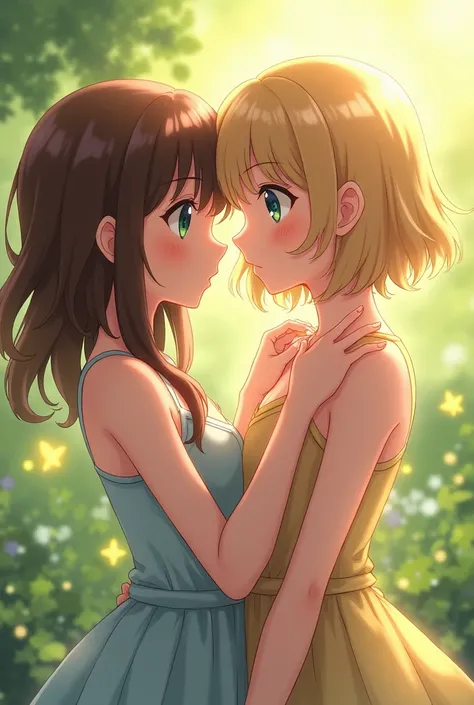 girl with short fluffy blonde hair and blue eyes and girl with long brown hair with green eyes lesbians anime