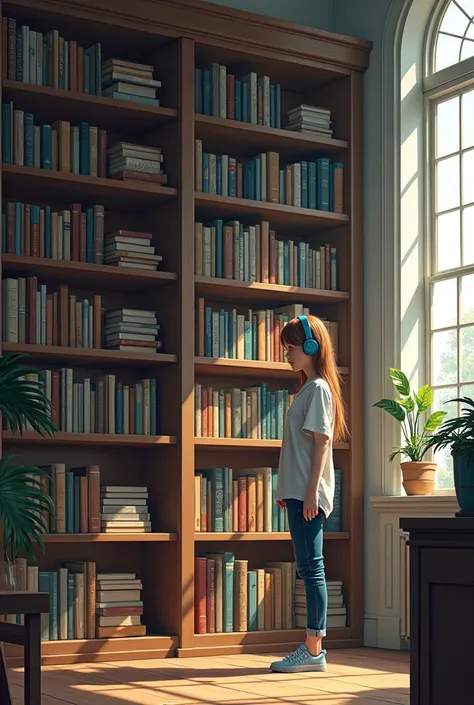 A bookcase full of books in a large room: a 20-year-old girl with long light brown hair tall and blue headphones on looking at the shelves