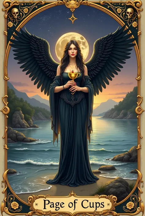 **Prompt:**  
"Design a tarot card inspired by the *Page of Cups* from the Rider-Waite deck, incorporating symbolic elements from the Death card and the presence of Azrael, the Angel of Death. The Page stands gracefully in the center, holding a golden cup....