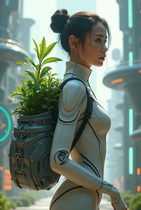 Futuristic traveler with a plant in a capsule bag