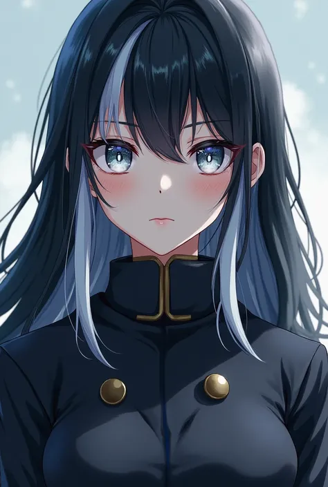 A girl, skin as clear as snow, light gray eyes, long hair with bangs, most of her hair is black and has three white streaks, she wears the Jujutsu uniform, a coat with a collar with two buttons, in Jujutsu Kaisen anime art style