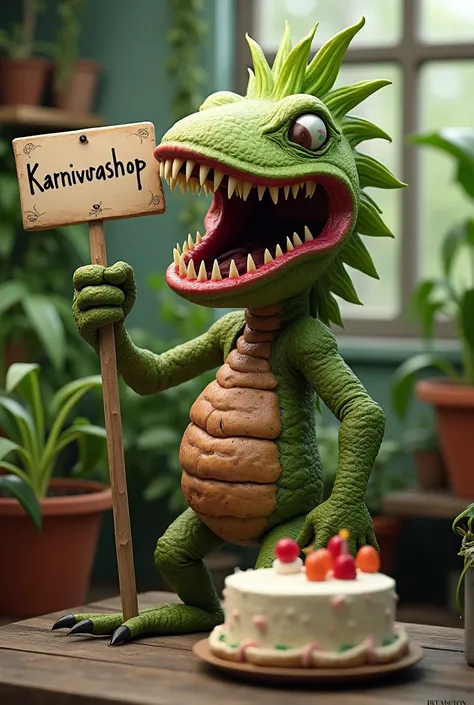 Plant in a nursery,  head only , without feet or hands, with long teeth, are you happy,  holding a notice that says Karnivorashop. 
 Next to it is a birthday cake 