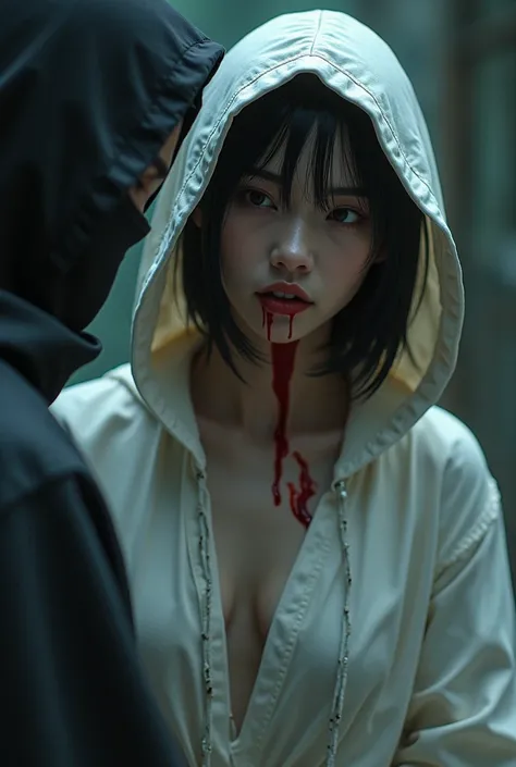 Hight quality, realistic view, very beautiful woman, woman white hoodies bunny cute, woman cut neck a ninja by knife, woman kill ninja, blood splashed in neck ninja, ninja bleeding a lot