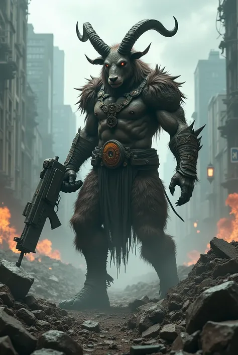 Create an image of a goat-headed fighter ,  armed with a rifle in a destroyed urban setting 