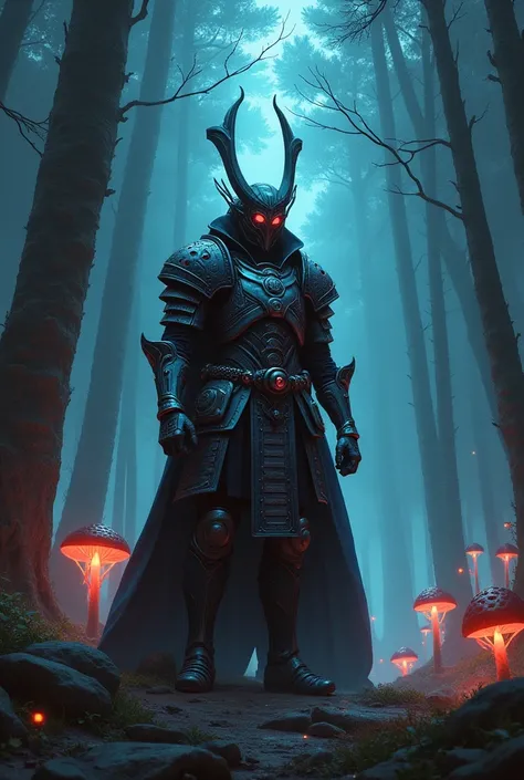 An alien warrior in armor, half samurai, half medieval knight in a cyberpunk forest at night.