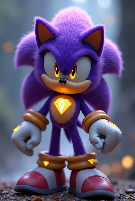 Play a sonic with purple fur ,  with diamond-shaped irises without yellow pupils  ,  also with a yellow diamond on the forehead and belly